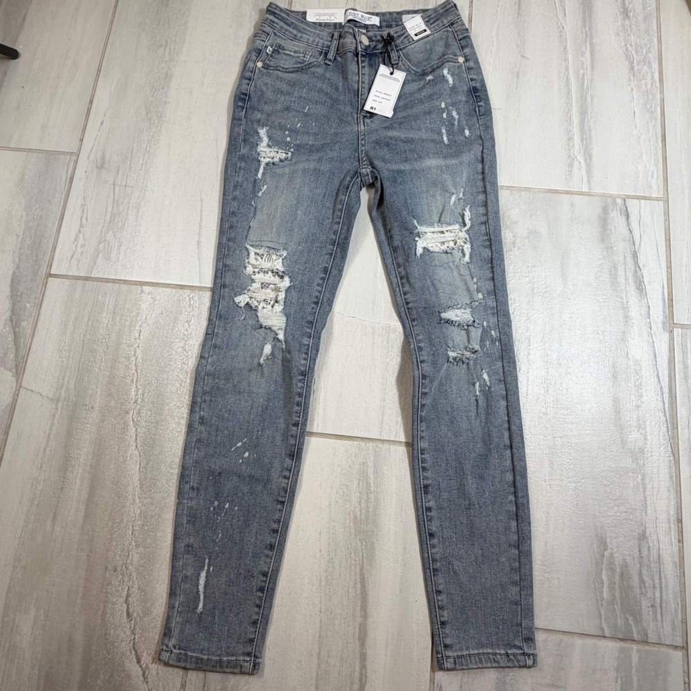 Judy Blue Midrise Lace Patch SkinnyJeans LightBlue Distressed JB88432 Women 5/27
